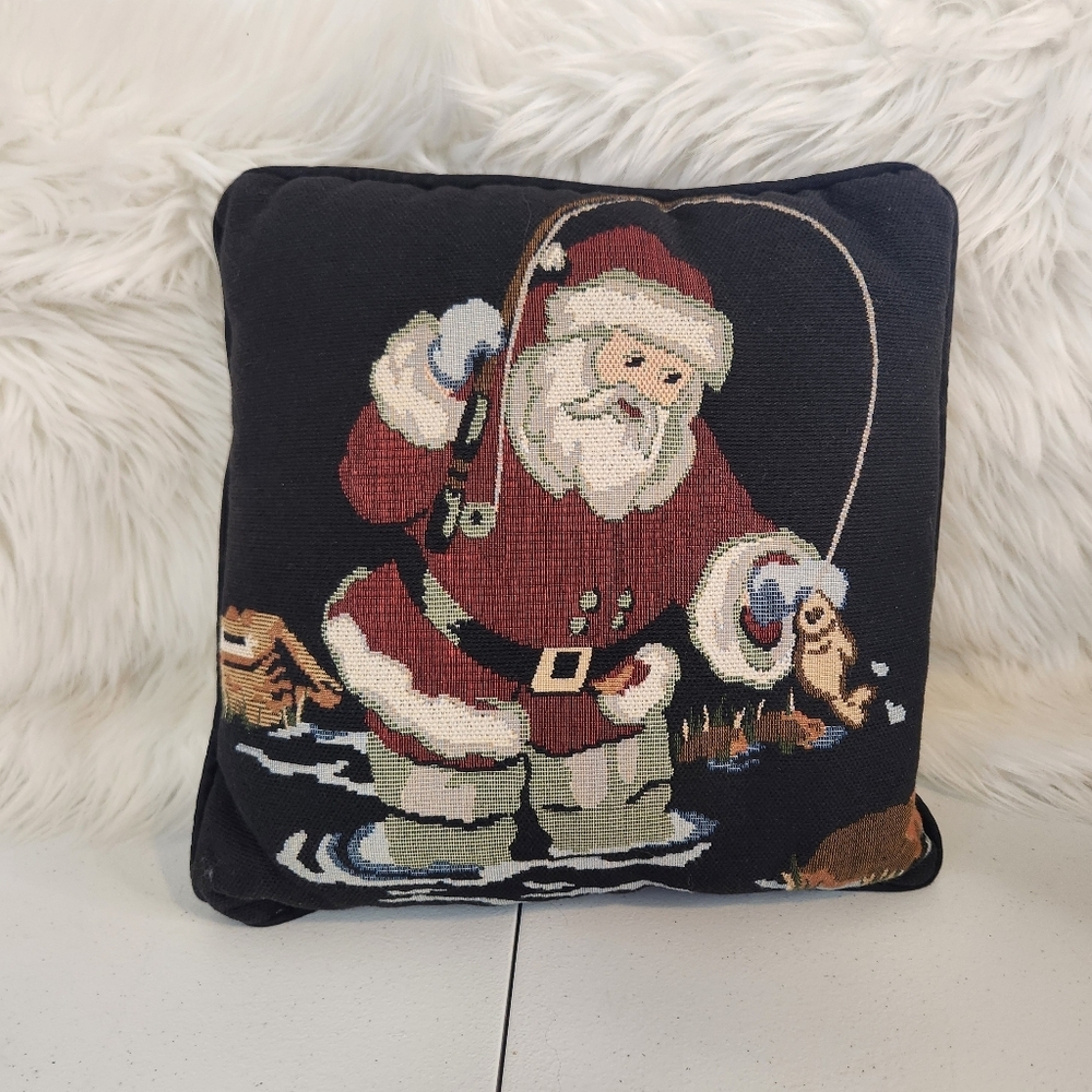 Vintage Tapestry Pillow Square Fishing Santa Claus Christmas Decor 1990s Fish
